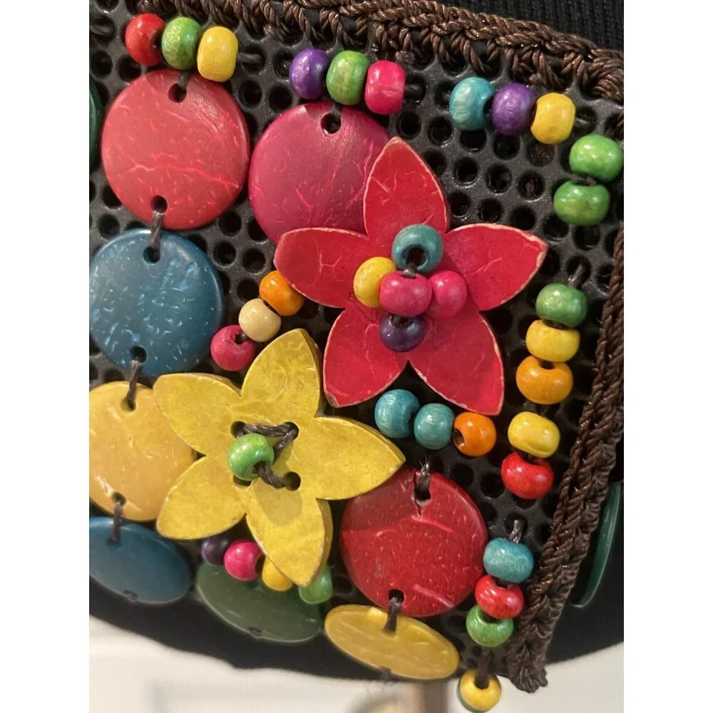 Beaded Crossbody Bag Womens Mini Multicolor Wood‎ Disc Puerto Rico Boho Flower